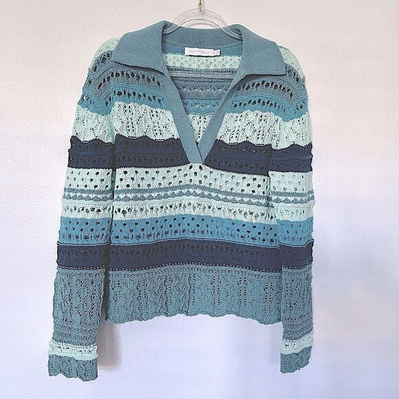 Jonathan Simkhai Roxana  Macrame Blue Striped Crop Crochet Sweater Top V-neck S - Picture 14 of 14